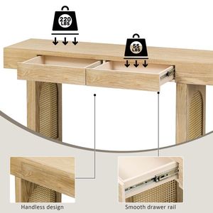 Console étroite avec accents en rotin, miroir et tiroirs de rangement pour entrée, table de canapé rustique élégante avec finition en bois naturel - Product Image 3