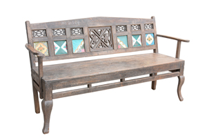 Haswani Handicrafts Solid Wood Handcrafted <b>Bench</b> with Tile Inlay Backrest Durable & Comfortable Rustic Vintage Design Rajasthan - Product Image 2