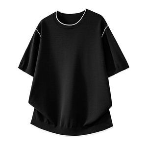 Camiseta de Manga Corta Tejida Extra Grande para Hombre, Cuello Redondo Negro, Ribete en Contraste, Deportiva, Ecológica, de Poliéster/Algodón, Color Sólido Informal - Product Image 1