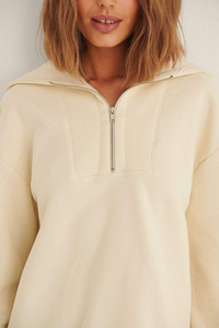 <b>Women's</b> Cream Hooded <b>Quarter</b>-<b>Zip</b> Sweatshirt 100% Cotton Knitted Casual Autumn Solid Color Long Sleeve Regular Fit - Product Image 5
