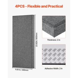 4 Pannelli Acustici Autoadesivi da 2 Pollici di Spessore, 23,6 x 11,8 Pollici, Pannelli Fonoassorbenti in Fibra di Vetro per Pareti - Product Image 6