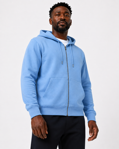 Sweat-shirt à capuche zippé bleu clair pour homme, couleur unie, en molleton de coton, coupe classique, décontracté, pour l'automne - Product Image 1