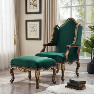 Fauteuil lounge et ottoman en bois massif à dossier haut |   Salon de suite d'hôtel |   Cadre sculpté néoclassique |   Fabricant de meubles OEM - Product Image 2