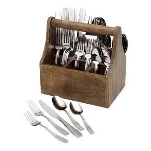 Sustainable Wood 3-Compartment Utensil Holder Organizer Basket for Flatware Cutlery Counter Top Dining <b>Table</b> Kitchen - Product Image 3
