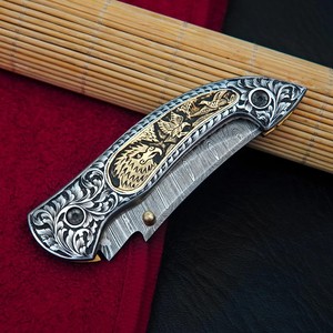 Forge Industrial Grade Custom Damascus Steel Folding Blade Knife Hand Engraved Handle <b>Leather</b> Sheath Pocket EDC Hunting - Product Image 4