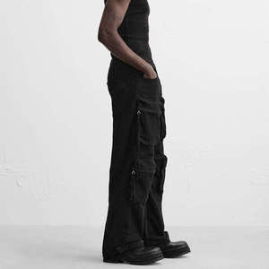 Jean cargo noir pour homme, coupe ample, taille mi-haute, en denim, avec plusieurs poches, style streetwear automne - Product Image 3
