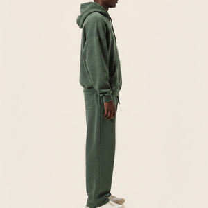 Ensemble de survêtement personnalisé en molleton épais, coupe oversize, avec sweat à capuche zippé intégral et pantalon de survêtement coupe classique, éco-responsable, délavé à l'acide et effet vintage - Product Image 2