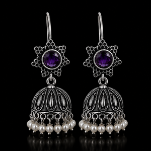 Boucles d'oreilles pendantes Jhumka vintage en argent oxydé avec améthyste et perles d'imitation en alliage de zinc pour femmes, vente en gros - Product Image 6