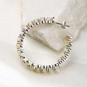 Wholesale 925 <b>Sterling</b> <b>Silver</b> Natural Round Cabochon Opal Prong Open <b>Hoop</b> Earrings Memoria Jewels - Product Image 6