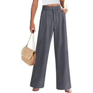 Pantalon large à taille haute pour femme, couleur unie, plissé, coupe ample, longueur complète, style décontracté, gris, en polyester, pantalon en molleton - Product Image 6