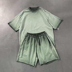 Ensemble T-shirt et short décontracté pour homme, gris uni, 100 % coton respirant, col rond, tissu tricoté, Nouveauté 2026 - Product Image 3