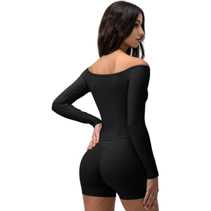 Women Seamless <b>Black</b> Off-The-Shoulder <b>Long</b> Sleeve Yoga <b>Top</b> With Cut-Out Design Solid Color Skinny Fit Activewear - Product Image 5