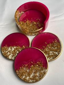 Sous-verres en résine artistique de design haut de gamme, ronds, roses, avec feuilles d'or, design glamour, sous-verres réutilisables, ensemble de sous-verres en résine - Product Image 1