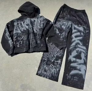 Chándal Unisex con Capucha y Apliques para Hombre, Estilo Desgastado, con Cremallera Completa, Pantalón Acampanado, Lavado Ácido, Invierno-Primavera - Product Image 4