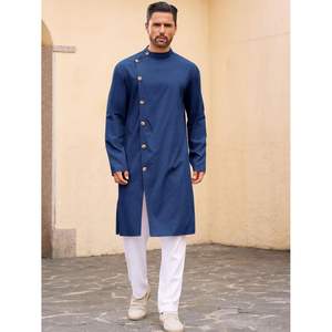 2025 <b>Men's</b> Cotton Muslim Kaftan Thobe Button-Down Long Sleeve Robe <b>Kurta</b> Tops Casual Henley Shirt Design Sleepwear - Product Image 1