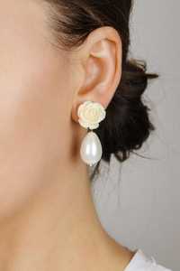 Pendientes florales de novia con clip de rosas, pendientes grandes con perlas colgantes, accesorios elegantes para boda, para orejas sin perforar - Product Image 3