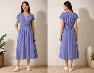 Vestido Midi a Rayas Azules y Blancas para Mujer, Manga Corta, Cuello en V, Cintura Alta, Estilo Casual de Verano con Bolsillos - Product Image 6