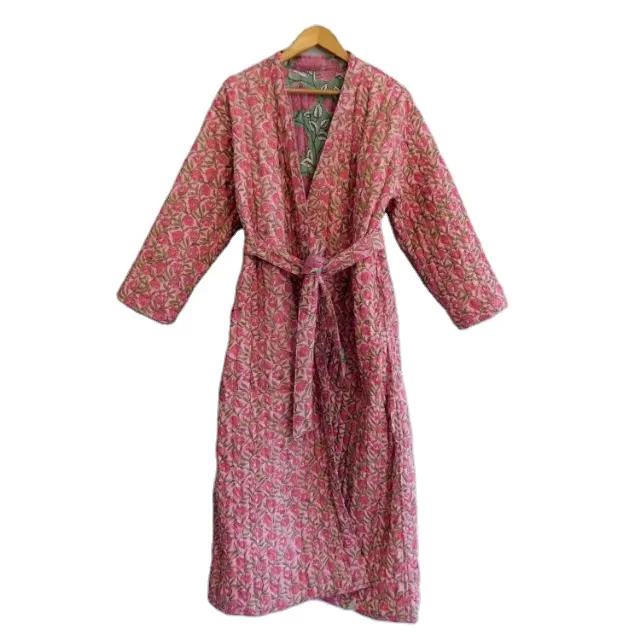 Pink Floral Hand Block Printed Boho & Hippie Cotton Quilted Kimono Bathrobe Women Long Sleeve Gown