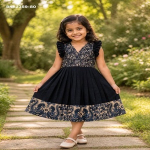 New Arrival Cotton <b>Blend</b> with Yoke & Hem Printed & Ruffle Sleeve Girls & Kids Midi Supplier from Surat Indian Exporter - Product Image 1