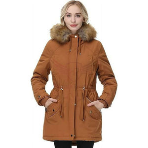 Veste longue matelassée marron pour femme avec capuche à bordure en fourrure, fermeture éclair sur toute la longueur des manches, coupe-vent, manteau d'hiver - Product Image 1