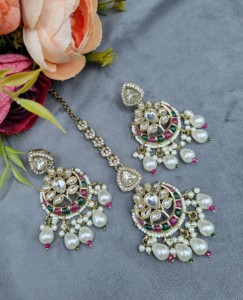 Elegante gargantilla con motivo Chandbali, pendientes y mangtika para mujer, conjunto de joyería tradicional étnica para recepciones, fabricante. - Product Image 4