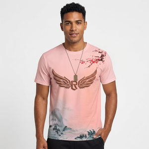 Camiseta de manga corta con cuello redondo para hombre, con estampado de flores de cerezo y paisaje pintado a mano, corte regular, estilo casual, 100% algodón - Product Image 5
