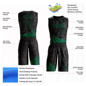 Uniforme de Baloncesto Personalizado con Sublimación, Cuello Redondo, Color Negro y Verde Kelly, con Logotipo del Equipo, Nombre y Número del Jugador - Product Image 2