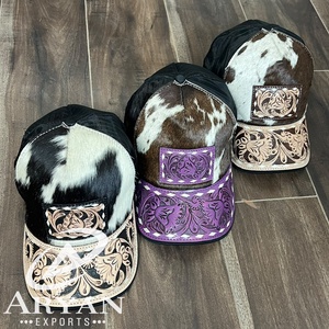 Casquette de baseball en cuir de vachette véritable personnalisée avec bordure florale western gravée à la main et fermeture snapback réglable, casquette de sport type trucker - Product Image 1