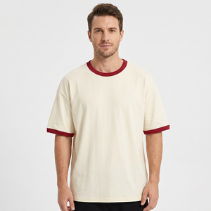 T-shirt tricoté à col rond et manches courtes pour homme, bordeaux, avec bordure contrastante, coupe oversize, écologique, respirant, séchage rapide - Product Image 5