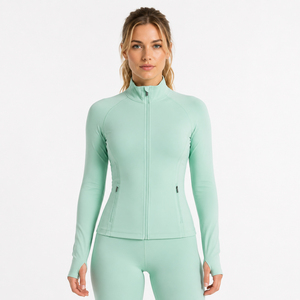 Chaqueta de compresión de yoga para mujer al por mayor, de elastano y poliéster, para gimnasio, con orificio para el pulgar, cremallera, teñida y bordada, para fitness - Product Image 1