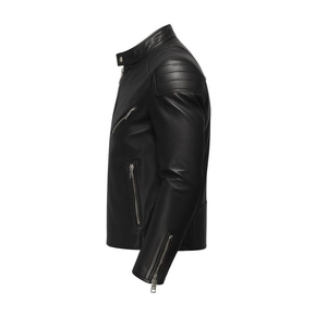 Men's Black <b>Sheepskin</b> Leather Biker <b>Jacket</b> - Slim Fit Moto Coats New Fashion Solid Pattern Casual Style Front Logo - Product Image 3