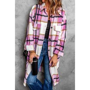 Vestes personnalisées pour femmes automne-hiver 2025, shacket en flanelle à carreaux, bouton, manches longues, décoration patchwork, vêtements de mode - Product Image 3