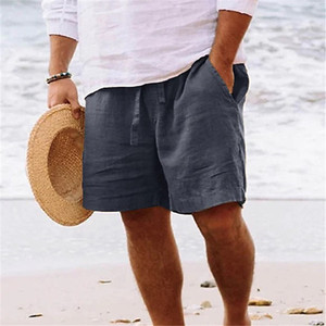 Men's Solid Color Linen Bermuda Shorts Mid Waist Drawstring Casual Beach Wear Breathable With Pockets - Product Image 6