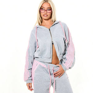 Ensemble de survêtement polaire gris rose pour femme, coupe ample, manches longues, avec pantalon de jogging décontracté, poches latérales et cordon de serrage - Product Image 4