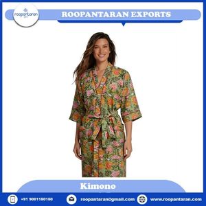 Meilleur prix Robe kimono en coton à imprimé floral pour femmes Col en V Manches trois quarts Longueur genoux Vêtement décontracté Saison printemps - Product Image 2