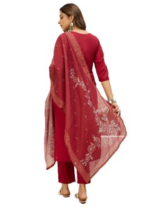 Conjunto de 3 piezas de salwar kameez tradicional para mujer, de seda romana, corte ajustado, kurta recta hasta la rodilla, pantalón y dupatta de chanderi, estilo indio-pakistaní. - Product Image 4