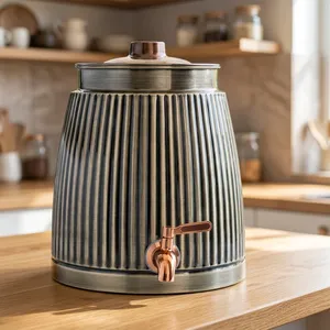 Antique Metal Water <b>Dispenser</b> with Copper Tap and Lid | Ribbed Decorative Beverage <b>Dispenser</b> for Home Kitchen Dining - Product Image 5