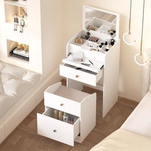 Mini Space Saving <b>White</b> Makeup Vanity Set Cute Dressing <b>Table</b> with Chair & Drawers <b>Small</b> Vanity Desk for Optimal Use - Product Image 2