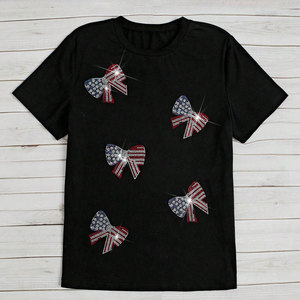 Women's Black Rhinestone Bow T-Shirt Crew Neck Short Sleeve Casual Jersey Fit Regular Size Patriotic <b>Pattern</b> Decorated - Product Image 5