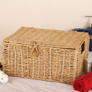 Handwoven Water Hyacinth Seagrass <b>Storage</b> <b>Basket</b> with Lid <b>Rectangular</b> Wicker Organizer Box Rattan Desktop Bathroom Office Bins. - Product Image 1