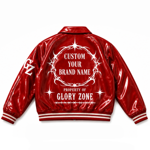 Chaqueta universitaria de cuero charolado rojo personalizada con parche de marca personalizado y puños con ribete de rayas acanaladas para uso unisex. - Product Image 3