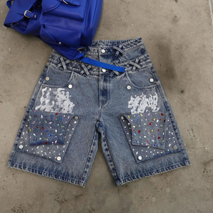 Pantalones Cortos Cargo de Mezclilla Rectos para Hombre, Estilo Desgastado, con Bolsillos 3D, Cinturón con Diamantes, Estilo Urbano, para Verano, Cintura Media, de Algodón, para Gimnasio y Running - Product Image 4