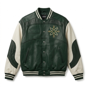 Green Off <b>White</b> Real Leather Varsity <b>Jacket</b> <b>Men</b> Floral Embroidery Patch Snap Button Bomber Coat Custom Service - Product Image 1