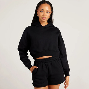 Custom Supplier <b>Black</b> <b>Women's</b> Cropped Hoodie & <b>Shorts</b> 2 Pieces <b>Women</b> Tracksuits Cotton Breathable Streetwear Matching <b>Shorts</b> Set - Product Image 1