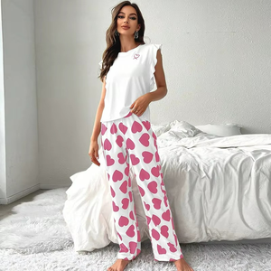Pyjama d'été 2 pièces pour femme en soie de lait, avec t-shirt blanc à manches volantées et pantalon imprimé cœurs, col doux et taille élastique - Product Image 3
