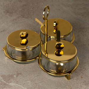 Juego de recipientes metálicos para servir, artesanía india, cuencos redondos con tapa, acabado dorado pulido con soporte arqueado para frutos secos y nueces - Product Image 3