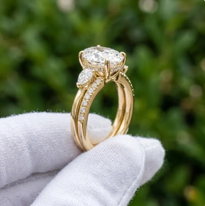 Modern Oval Lab Grown Diamond Two Ring Wedding Set With Pear Round Accent Design In <b>Solid</b> Gold Bridal Jewelry - Product Image 2