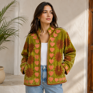 Boho Chic Retro Royal-inspired Free Size Winter Full Sleeve <b>Robe</b> Hand Embroidered Blue Floral Velvet Suzani Mandarin Collar <b>Coat</b> - Product Image 1