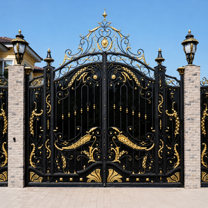 Portails doubles d'entrée en fer forgé noir de luxe avec des piliers en pierre ornés de sculptures dorées et des designs élégants pour les propriétés. - Product Image 1