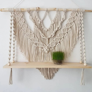 White Cotton Rope Boho Macrame Wall Hanging <b>Shelf</b> with <b>Pine</b> Wood Triangle Shape Decorative Hanging <b>Shelf</b> for Home Decor - Product Image 5